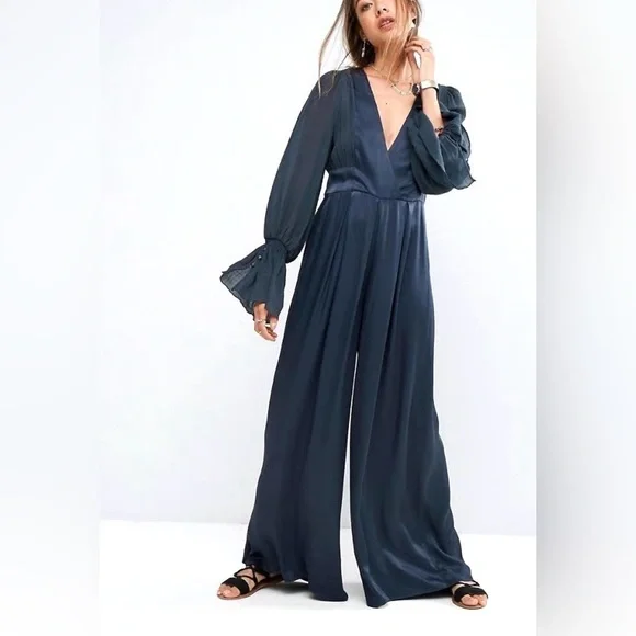 Free People not your baby satin navy Blue feminine bohemian Jumpsuit - Picture 1 of 8